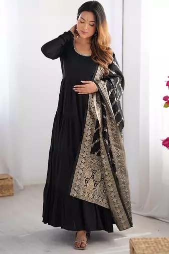 Black color solid romansilk blend chanderi anarkali set