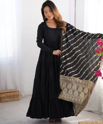 Black color solid romansilk blend chanderi anarkali set 3