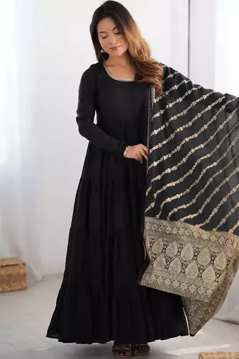 Black color solid romansilk blend chanderi anarkali set