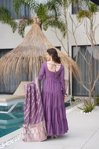 Onion color solid romansilk blend chanderi anarkali set