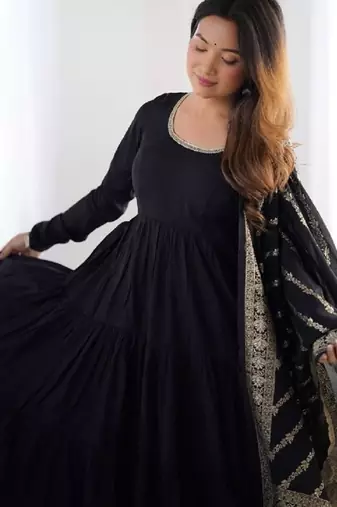 Black color solid romansilk blend chanderi anarkali set