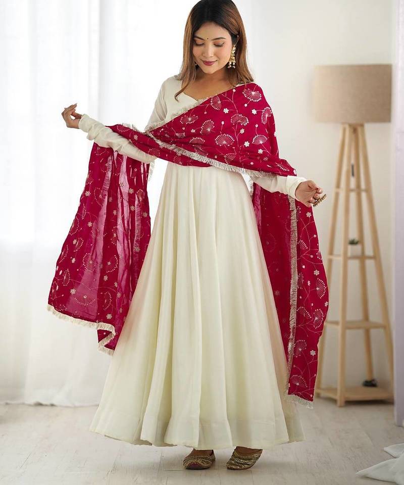 White & dark rani color solid vichitra silk anarkali set
