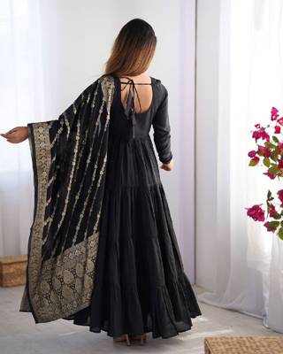 Black color solid romansilk blend chanderi anarkali set 5