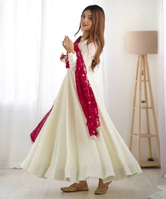 White & dark rani color solid vichitra silk anarkali set 2