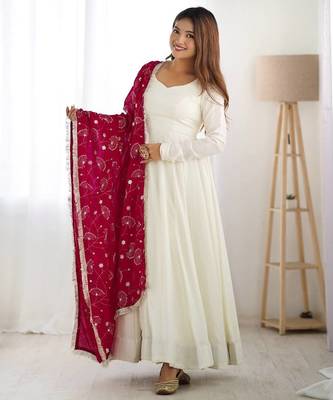 White & dark rani color solid vichitra silk anarkali set 3