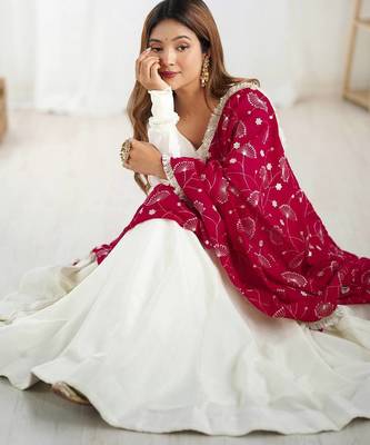 White & dark rani color solid vichitra silk anarkali set 4