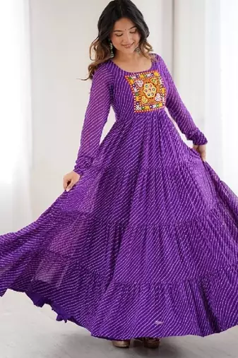 Purple color lehariya printed faux georgette stitched long anarkali gown