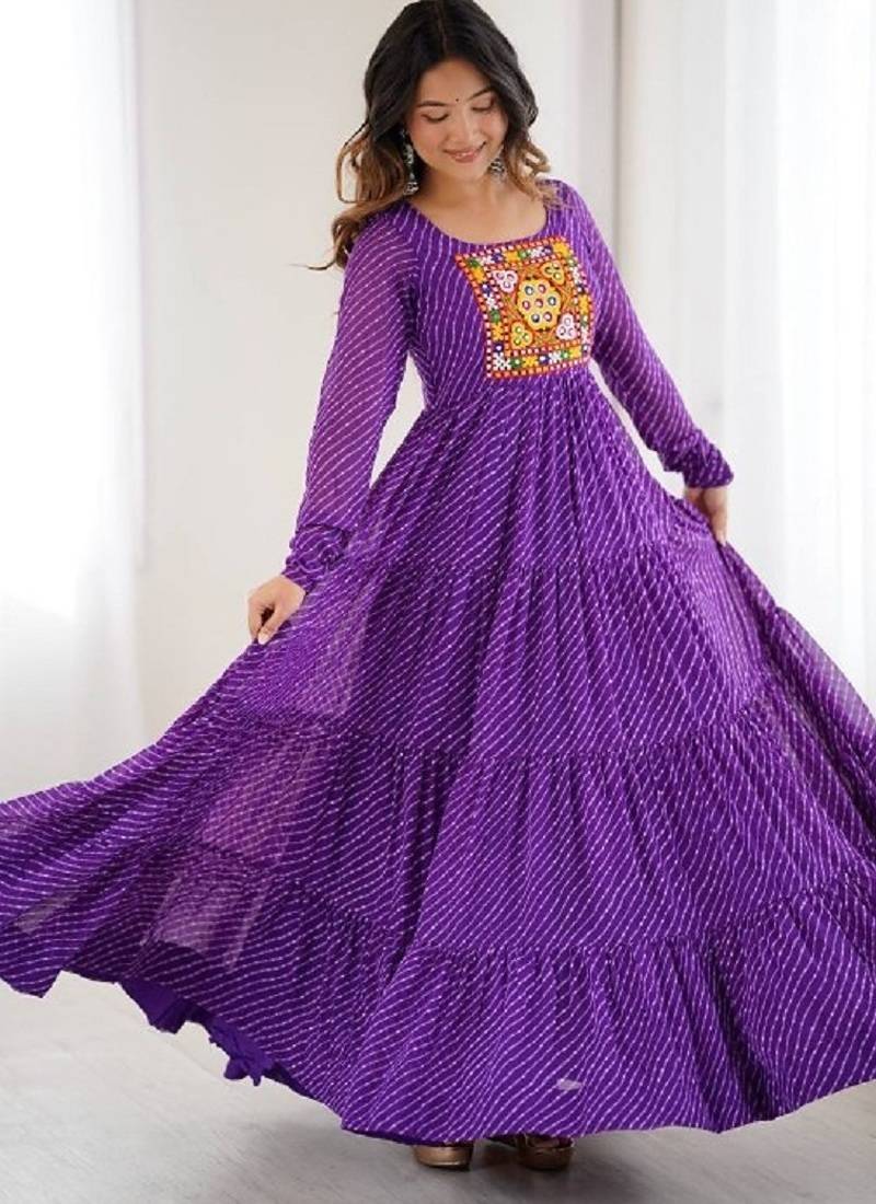 Purple color lehariya printed faux georgette stitched long anarkali gown