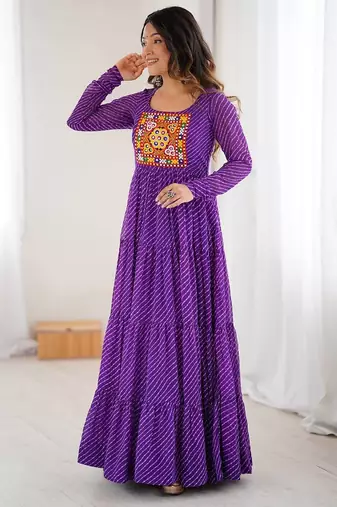 Purple lehariya printed faux georgette stitched long anarkali gown