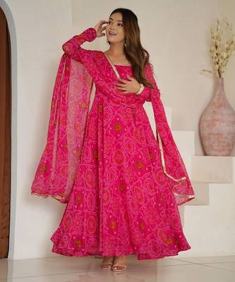 Rani pink color lightweight bandhej printed chiffon anarkali set 1