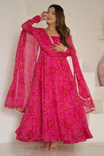 Rani pink color lightweight bandhej printed chiffon anarkali set