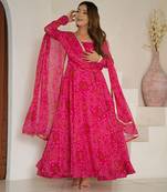 Rani pink color lightweight bandhej printed chiffon anarkali set