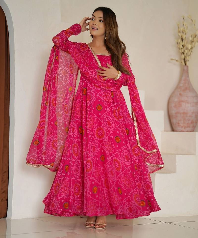 Rani pink color lightweight bandhej printed chiffon anarkali set