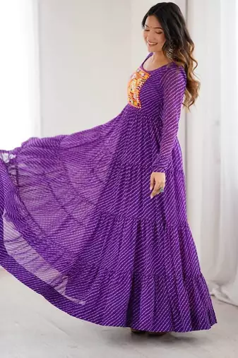 Purple lehariya printed faux georgette stitched long anarkali gown