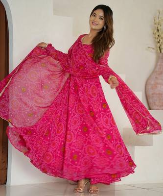 Rani pink color lightweight bandhej printed chiffon anarkali set 2