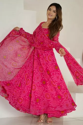 Rani pink color lightweight bandhej printed chiffon anarkali set
