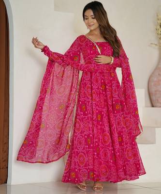 Rani pink color lightweight bandhej printed chiffon anarkali set 3