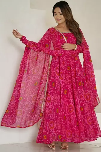 Rani pink color lightweight bandhej printed chiffon anarkali set