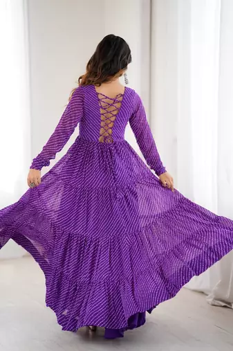 Purple lehariya printed faux georgette stitched long anarkali gown