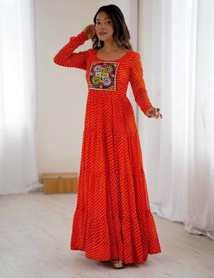 Orange color lehariya printed faux georgette stitched long anarkali gown 1