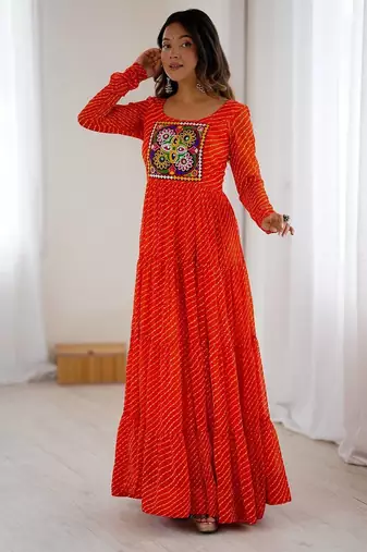 Orange color lehariya printed faux georgette stitched long anarkali gown