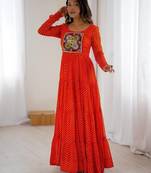 Orange color lehariya printed faux georgette stitched long anarkali gown