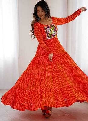 Orange color lehariya printed faux georgette stitched long anarkali gown 2