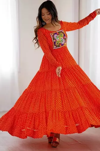 Orange color lehariya printed faux georgette stitched long anarkali gown