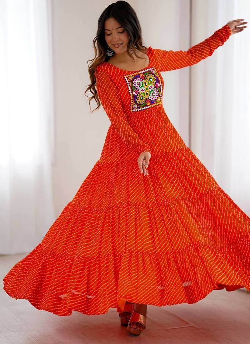 Orange color lehariya printed faux georgette stitched long anarkali gown