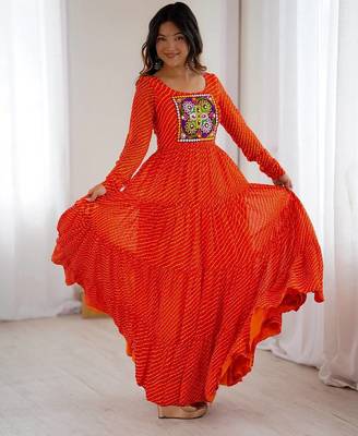 Orange color lehariya printed faux georgette stitched long anarkali gown 3