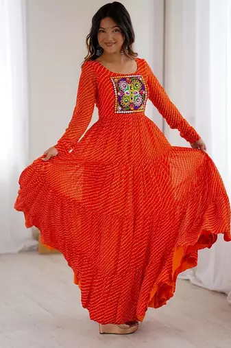 Orange color lehariya printed faux georgette stitched long anarkali gown
