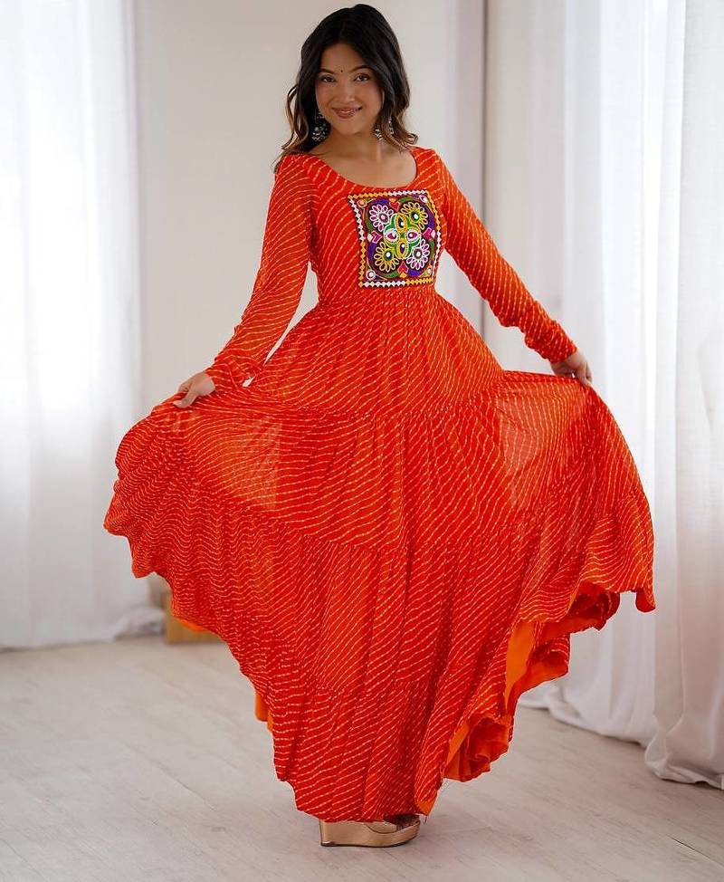 Orange color lehariya printed faux georgette stitched long anarkali gown