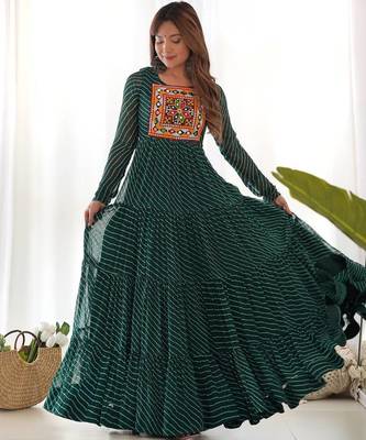 Dark green color lehariya printed faux georgette stitched long anarkali gown 1