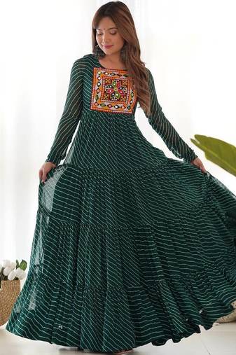 Dark green color lehariya printed faux georgette stitched long anarkali gown