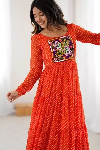 Orange color lehariya printed faux georgette stitched long anarkali gown