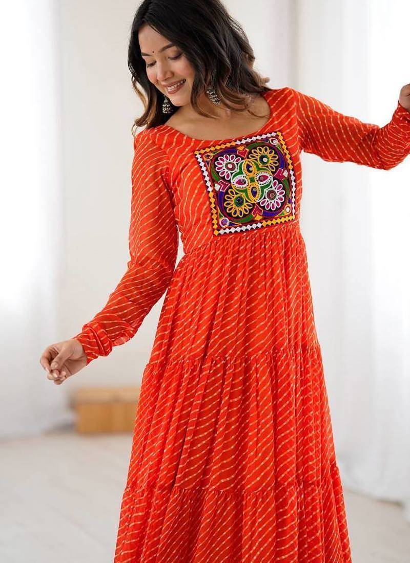 Orange color lehariya printed faux georgette stitched long anarkali gown