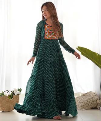 Dark green color lehariya printed faux georgette stitched long anarkali gown 2