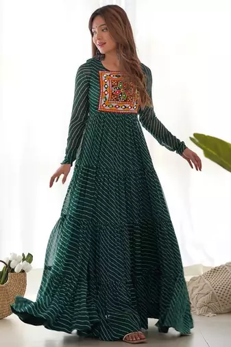 Dark green color lehariya printed faux georgette stitched long anarkali gown