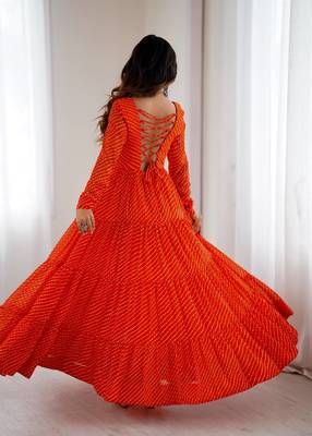 Orange color lehariya printed faux georgette stitched long anarkali gown 5
