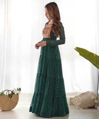 Dark green color lehariya printed faux georgette stitched long anarkali gown 3