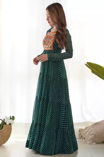 Dark green color lehariya printed faux georgette stitched long anarkali gown
