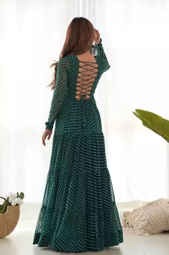 Dark green color lehariya printed faux georgette stitched long anarkali gown