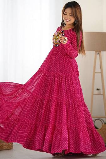 Pink color lehariya printed faux georgette stitched long anarkali gown