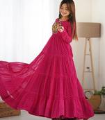 Pink color lehariya printed faux georgette stitched long anarkali gown