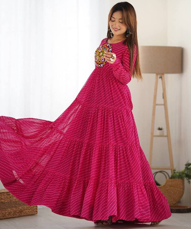 Pink color lehariya printed faux georgette stitched long anarkali gown