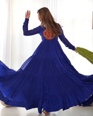 Royal blue color lehariya printed faux georgette stitched long anarkali gown 1