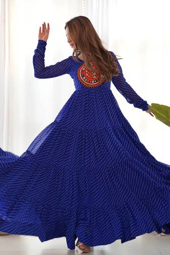 Royal blue color lehariya printed faux georgette stitched long anarkali gown