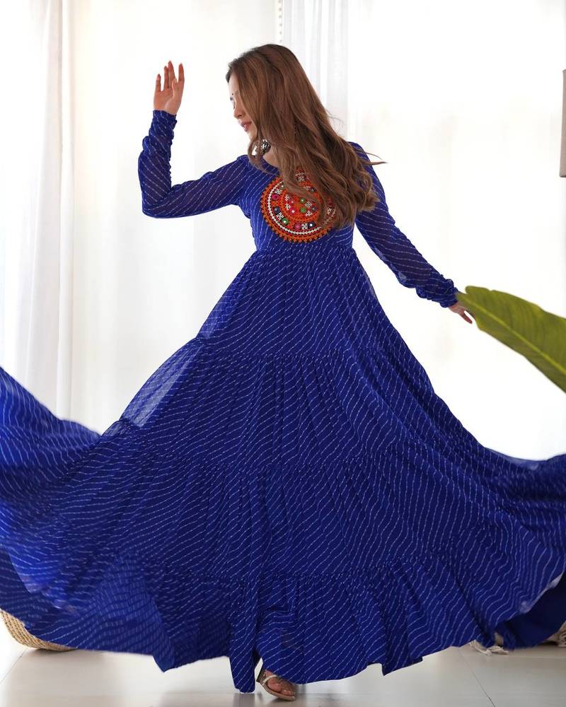 Royal blue color lehariya printed faux georgette stitched long anarkali gown