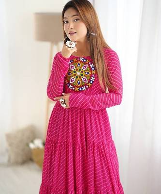Pink color lehariya printed faux georgette stitched long anarkali gown 2