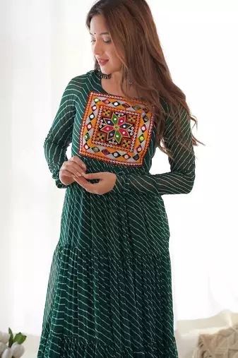 Dark green color lehariya printed faux georgette stitched long anarkali gown